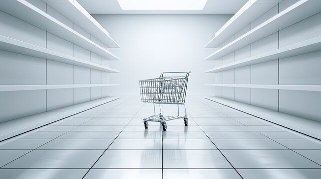 Empty store aisle with a single shopping cart awaits customers