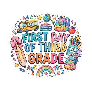 Backpack and school bus elements decorate the text first day of third grade in a vibrant design.