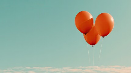 Fototapeta premium Three bright orange balloons float against a pale blue sky with wispy clouds