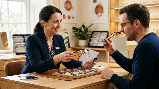 Optometrist shows eyeglasses to male patient in optical shop