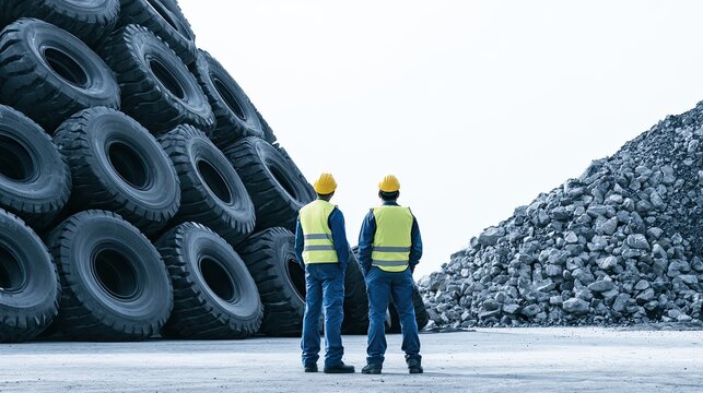 Two workers in hard hats and vests survey a massive pile of tires