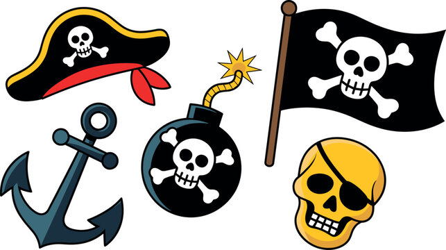 Pirate vector icon set featuring skull flag anchor bomb with crossbones and captain hat elements for adventure cartoon design