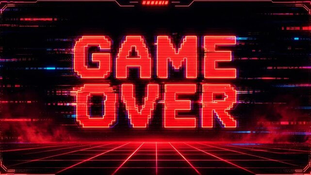 Glowing GAME OVER screen flashes across a red cyber grid in a dramatic retro arcade animation marking defeat and the end of gameplay