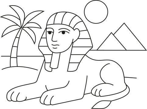 Sphinx et pyramides de Gizeh, dessin au trait dessin&eacute; &agrave; la main, illustration style gribouillage &agrave; colorier pour enfants