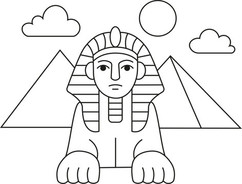 Sphinx et pyramides de Gizeh, dessin au trait dessin&eacute; &agrave; la main, illustration style gribouillage &agrave; colorier pour enfants