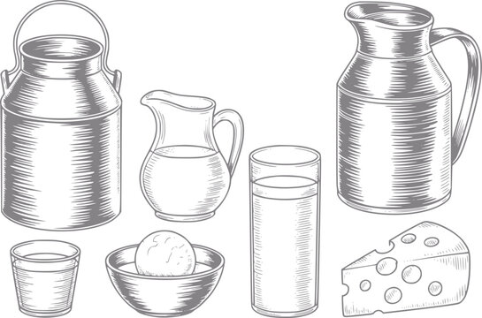 Set grabado vintage con varios productos l&aacute;cteos, incluidos c&aacute;ntaros de leche, jarras y queso