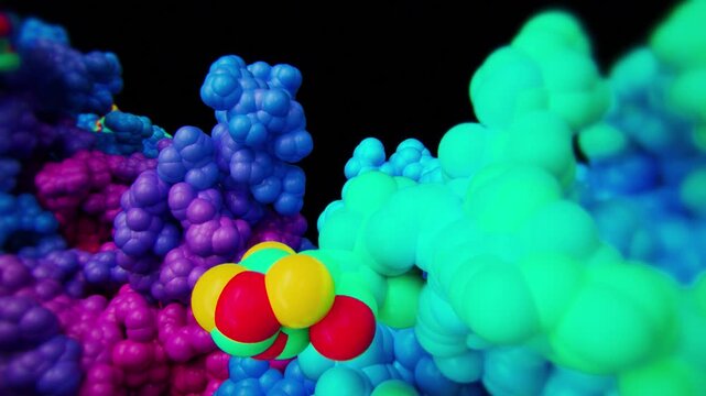 Abstract 3D render of interlocking blue purple and green molecular clusters, a visual metaphor for biotech research and pharmaceutical investor presentations