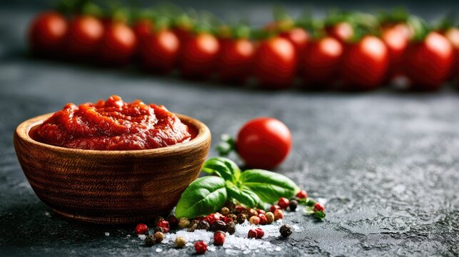 Rich tomato paste in a wooden bowl with fresh basil and peppercorns