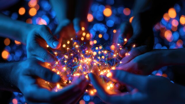 Hands unite to hold a glowing network of interconnected lights