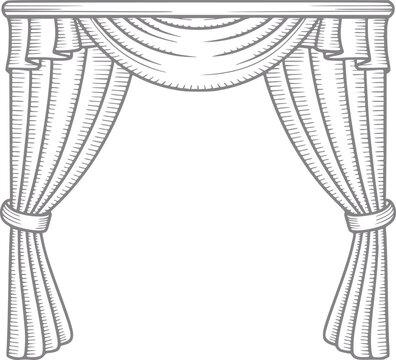 Cortinas de ventana estilo vintage con drapes cl&aacute;sicos con fest&oacute;n y alzapa&ntilde;os aislados