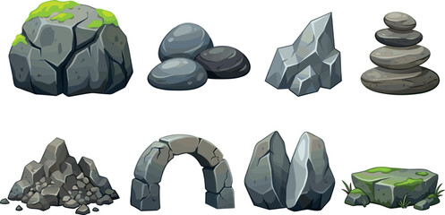 Rock and Stone Vector Set with Moss Covered Boulder, Pebble Stack, Balanced Zen Stones, Stone Arch and Rubble Pile Illustration © MdMoymul