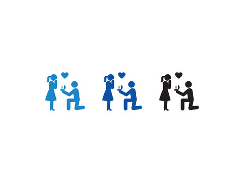 Man proposing to woman with engagement ring icon set in blue and black colors.