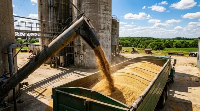 Grain auger loading harvested corn into a farm truck