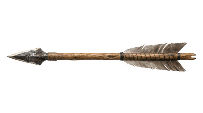 A rustic, hand-crafted arrow with a stone arrowhead and feather fletching, isolated on a white background, symbolizing ancient hunting and tradition.