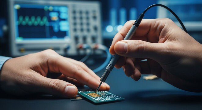 Engineer testing electronic circuit board with oscilloscope probe