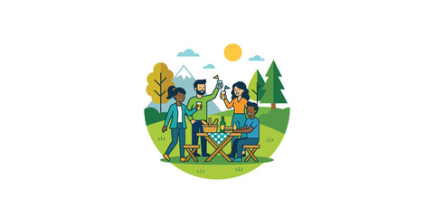 Fototapeta premium A diverse group of friends having a picnic together outdoors.