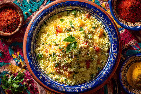 Traditional Brazilian halal farofa toasted cassava flour dish with diced vegetables in a blue ceramic bowl
