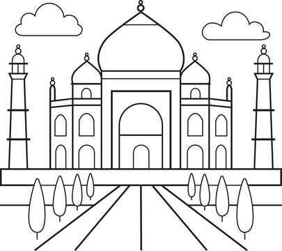 Taj Mahal Inde dessin au trait dessin&eacute; &agrave; la main, illustration style gribouillage, page de coloriage pour enfants
