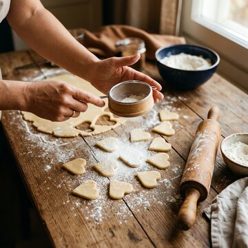 Baking heart shaped cookies, sifting flour onto dough on rustic wooden table