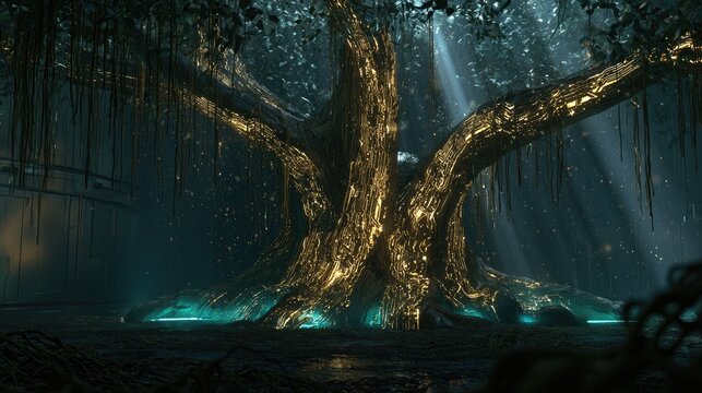 Majestic, glowing ancient tree with ethereal light beams in a dark cavern