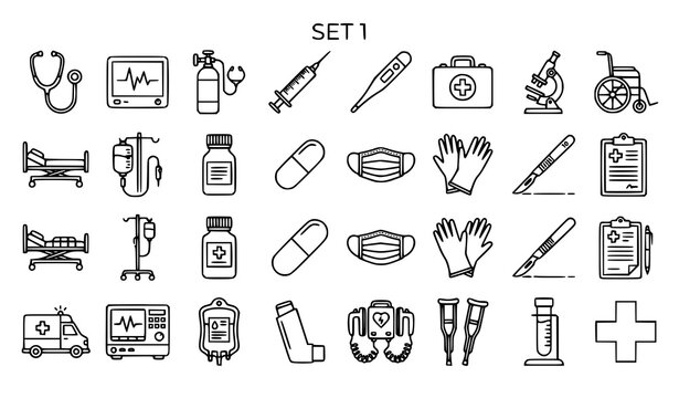 Medical equipment thin line icons set stethoscope heart monitor oxygen tank healthcare vector eps10