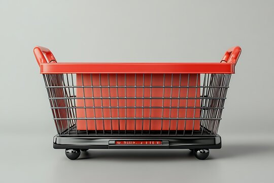 Empty red shopping cart on gray background, empty cart red cart black wheels metal grid