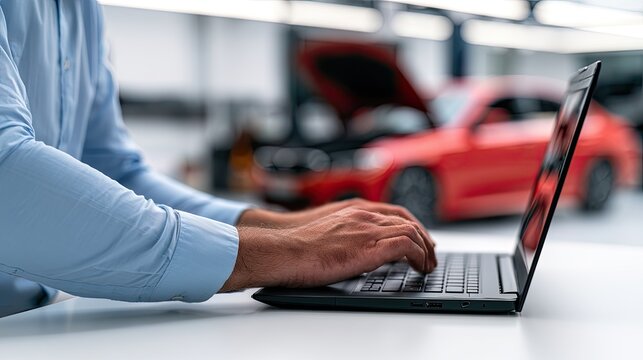 Person typing on laptop with red car in background, blurred