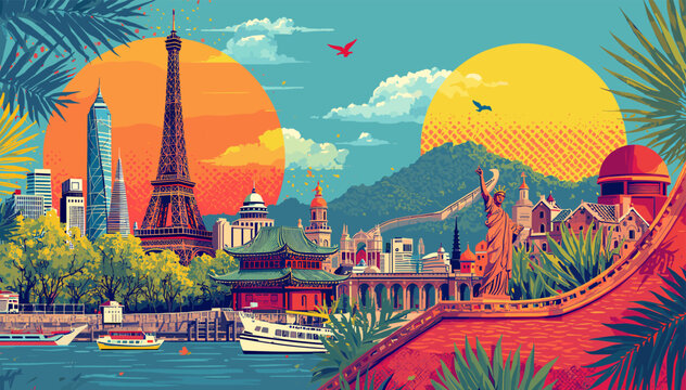 A vibrant, stylized vector illustration showcasing a global travel collage with iconic landmarks like the Eiffel Tower, Statue of Liberty, and Great Wall of China under a bright sky.
