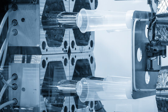 Mass production process of transparent plastic glass manufacturing by an injection mold machine.