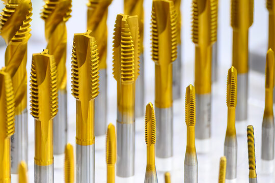 Close-up of a group of special coating tapping tools for small and big size threads for CNC milling machines.
