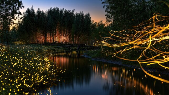 Enchanting twilight scene with glowing insects, a tranquil stream, and distant forest