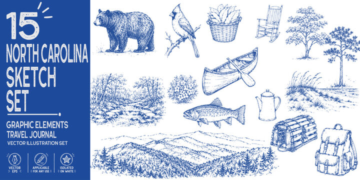 North Carolina travel journal collection. Hand drawn Blue Ridge heritage elements. Black bear, dogwood, tobacco basket, mountain stream, Outer Banks dunes. Trendy sketch vector set