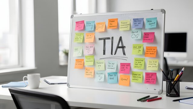 A whiteboard covered with colorful sticky notes and "TIA" written in the center, on an office desk.