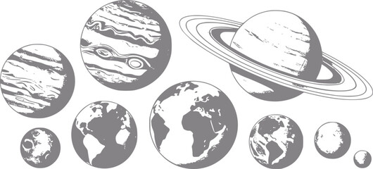 Una colección de varios planetas del sistema solar ilustrados en un estilo sencillo en gris y blanco © Stock Soul