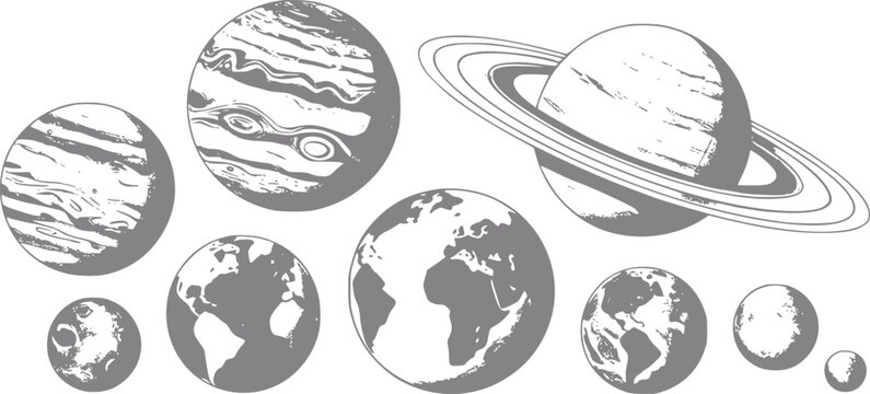 Una colecci&oacute;n de varios planetas del sistema solar ilustrados en un estilo sencillo en gris y blanco