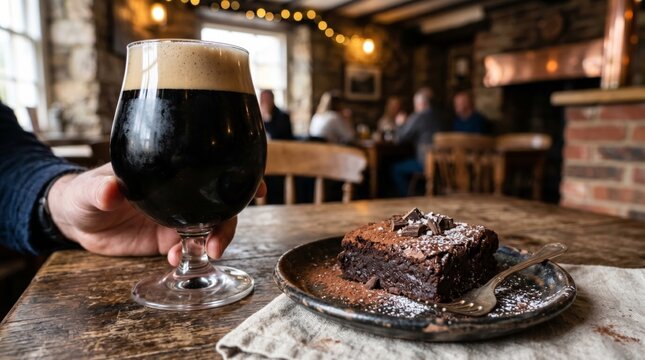 Glass of dark stout beer paired with chocolate brownie cake in a pub