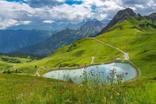 the summit called "Gehrenspitze" in the little valley of Walser, Austria on a cloudy summer day. tightrope under changing weather. holiday destination for hiker and climber and in winter skiing