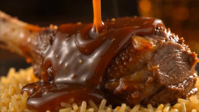 Rich Sauce Poured Over Tender Lamb Shank on Saffron Rice, Close-Up Slow Motion