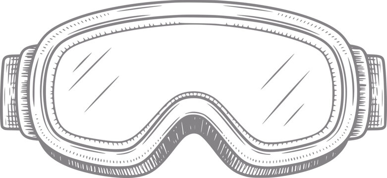 Un dibujo a mano detallado de gafas de esqu&iacute; protectoras aisladas sobre un fondo blanco liso