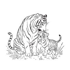 Obraz premium Mother Tiger and Cub Line Art Vector Illustration