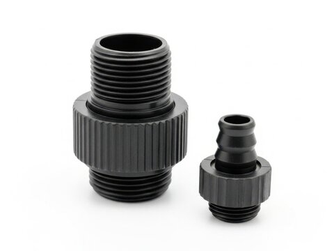 Black plastic hose adapter with threaded connection and barbed fitting