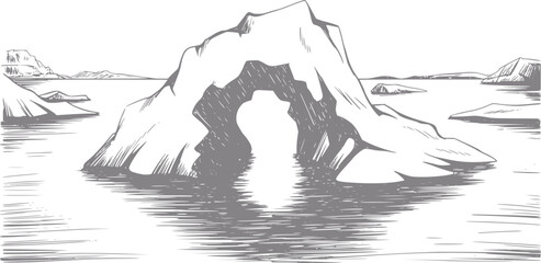 Un dibujo a mano de un gran iceberg con un arco natural flotando en las frías aguas del ártico © Stock Soul