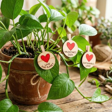 Sustainable Valentine's Day decor: Wooden heart tags on a houseplant