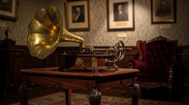 Antique Gramophone with Brass Horn on Wooden Table