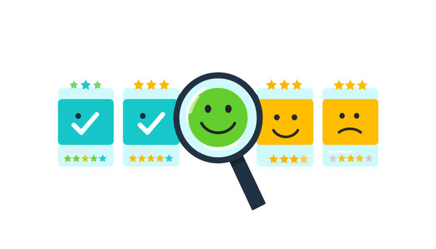 Magnifying glass searching for positive customer feedback and ratings