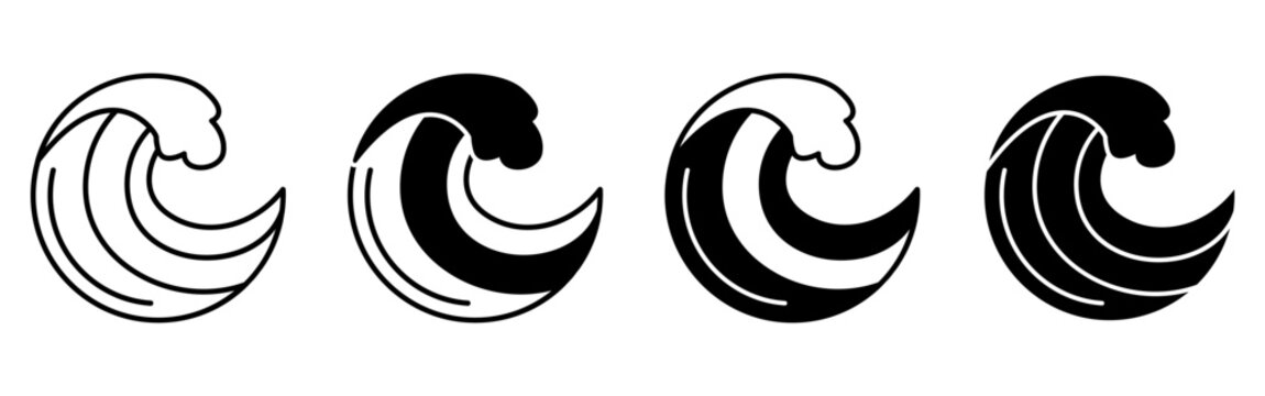 Summer Monochrome Wave Icon Set Circular Surf Emblems.