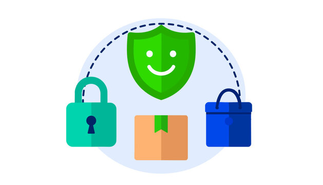 Shield with smiley face protecting parcel and shopping bag