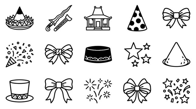 Hand-drawn celebration icons: hats, bows, confetti, fireworks, traditional house, dagger