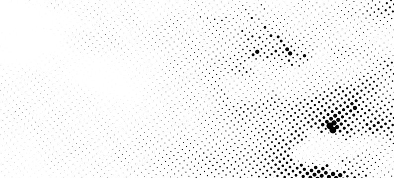 Grunge halftone gradient background. Faded grit noise texture. White and black sand wallpaper. Retro pixelated backdrop. Anime or manga style comic overlay. Vector graphic design textured template