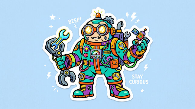 Cute Astronaut Mechanic Character Sticker with Giant Wrench and Stay Curious Quote, Sci-Fi Vector Illustration